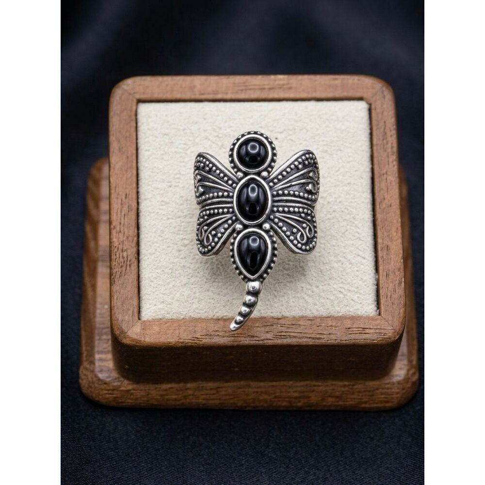 Vintage Style Silver Black Onyx Dragonfly Ring Gothic Southwestern Statement 9